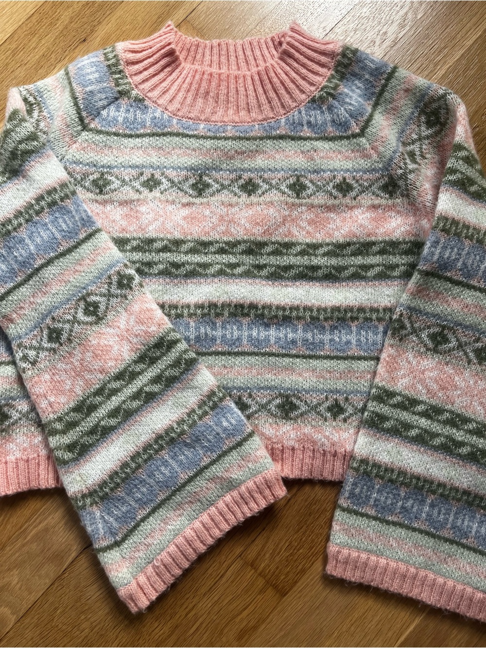 Cotton Emporium Pastel Fair Isle Crewneck Sweater - Pink, Blue, Green, Cream